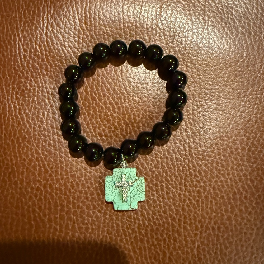 Black Beaded Bracelet with Turquoise Cross Pendant